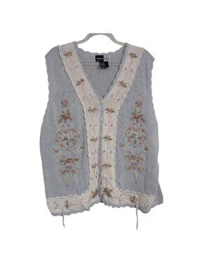 Vintage Embroidered Floral Sweater Vest Womens Size Medium Pastel Cottagecore